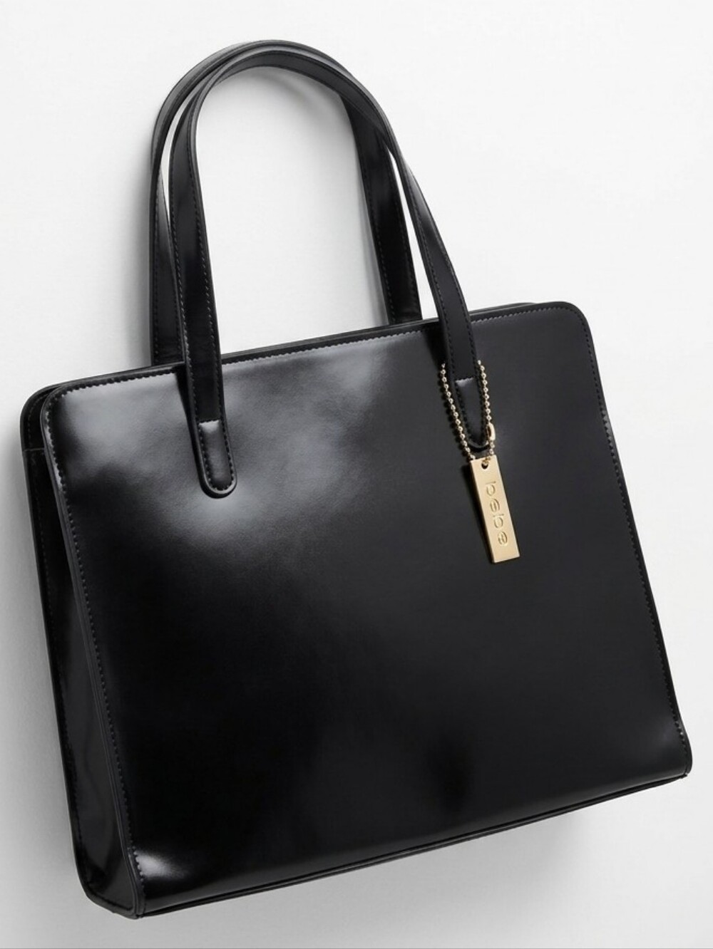 bebe Vintage Black Patent Structured Tote with Siver Tag